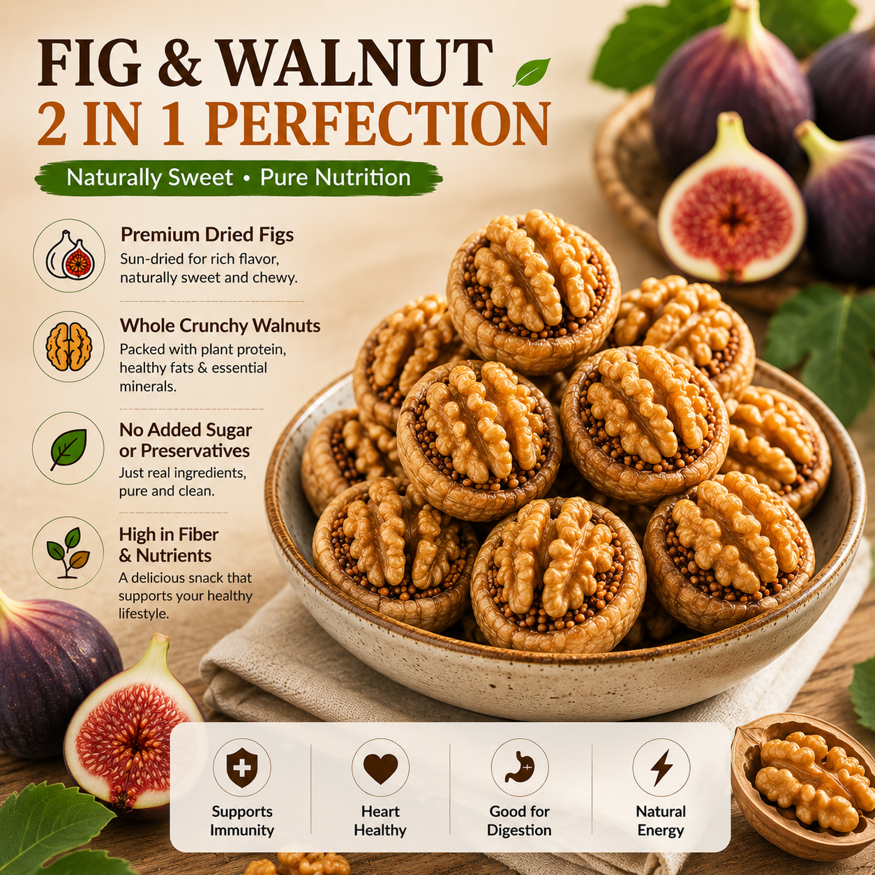 🌰 Sugar-Free Fig Stuffed Walnuts, 🍈Nutritious Snack with Real Figs & Premium Walnuts -FX