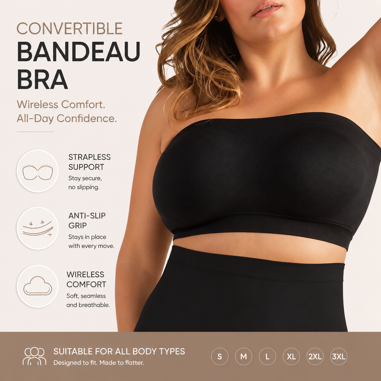 ✨ Convertible Strapless Bandeau Bra with Wireless Comfort, Anti-Slip Grip 👍Suitable for All Body Types-FX