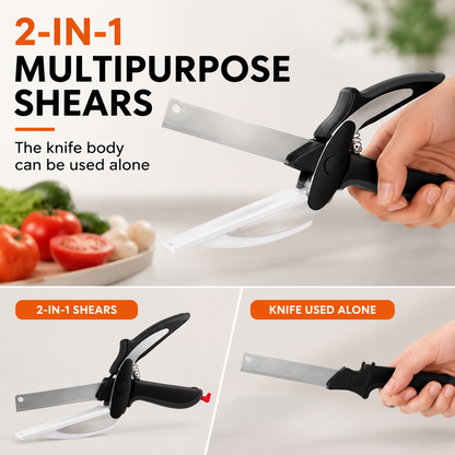 🔪 2-in-1 Kitchen Scissors & Knife Set – Stainless Steel Blade, Cutting Board Scissors with Safety Lock-QE