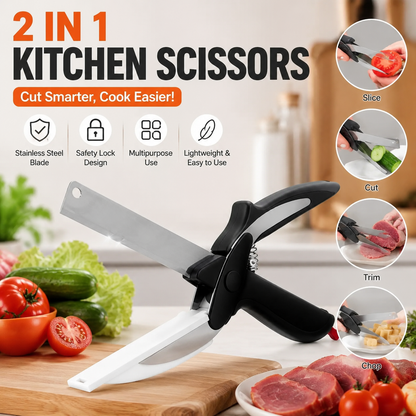🔪 2-in-1 Kitchen Scissors & Knife Set – Stainless Steel Blade, Cutting Board Scissors with Safety Lock-QE