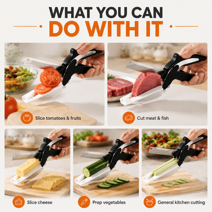 🔪 2-in-1 Kitchen Scissors & Knife Set – Stainless Steel Blade, Cutting Board Scissors with Safety Lock-QE