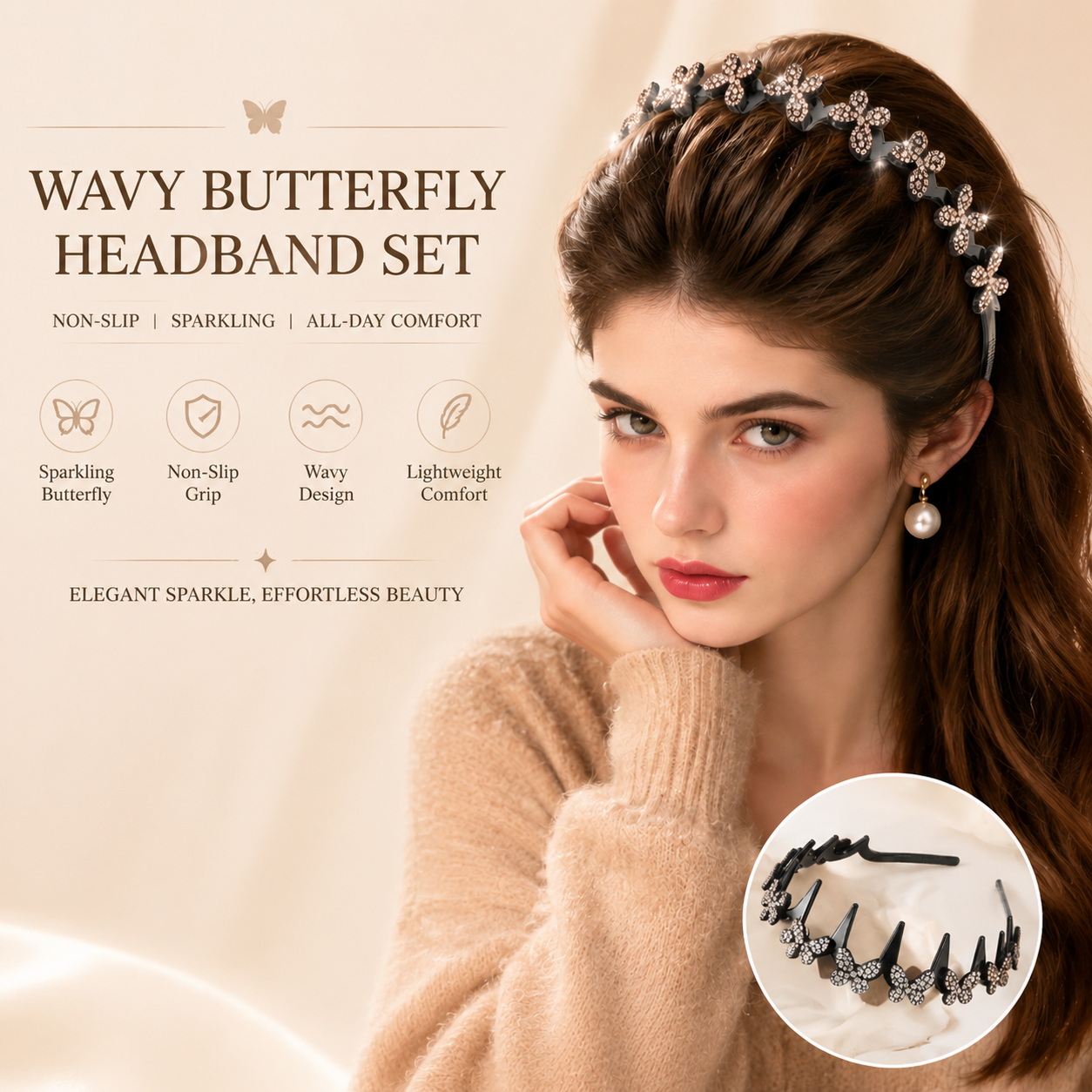 ✨ Wavy Butterfly Headband Set – Non‑Slip, Sparkling, 4 Colors-QE