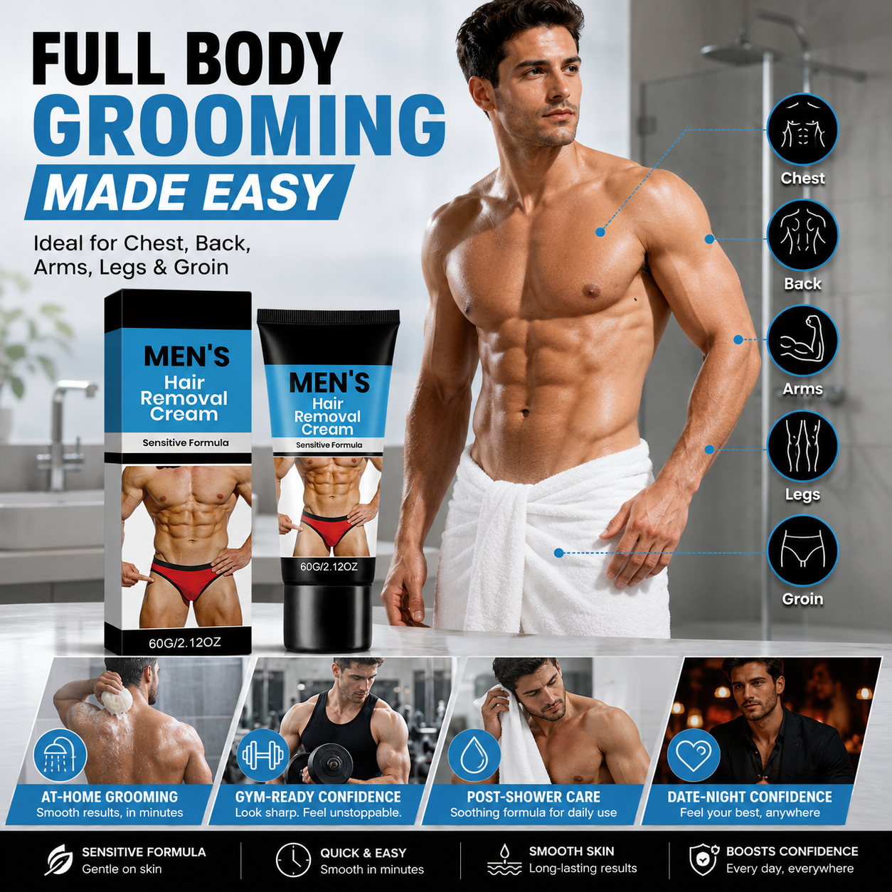🔥 Men’s Fast-Acting Hair Removal Cream | Smooth Skin in Minutes, No Razor Burn-QO