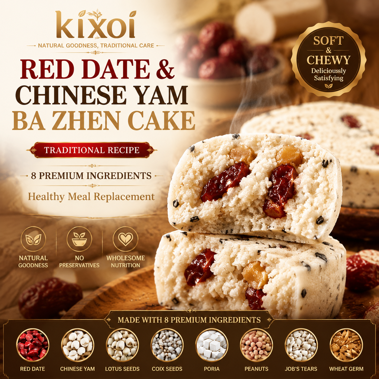 Red Date & Chinese Yam Ba Zhen Cake – Traditional Recipe, 8 Premium Ingredients, Healthy Meal Replacement-QE