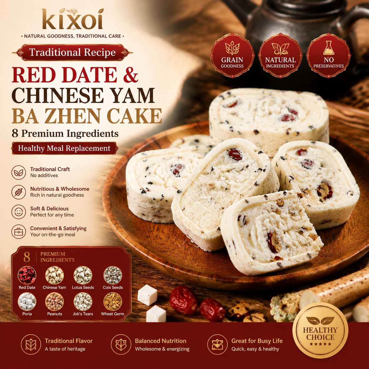 Red Date & Chinese Yam Ba Zhen Cake – Traditional Recipe, 8 Premium Ingredients, Healthy Meal Replacement-QE