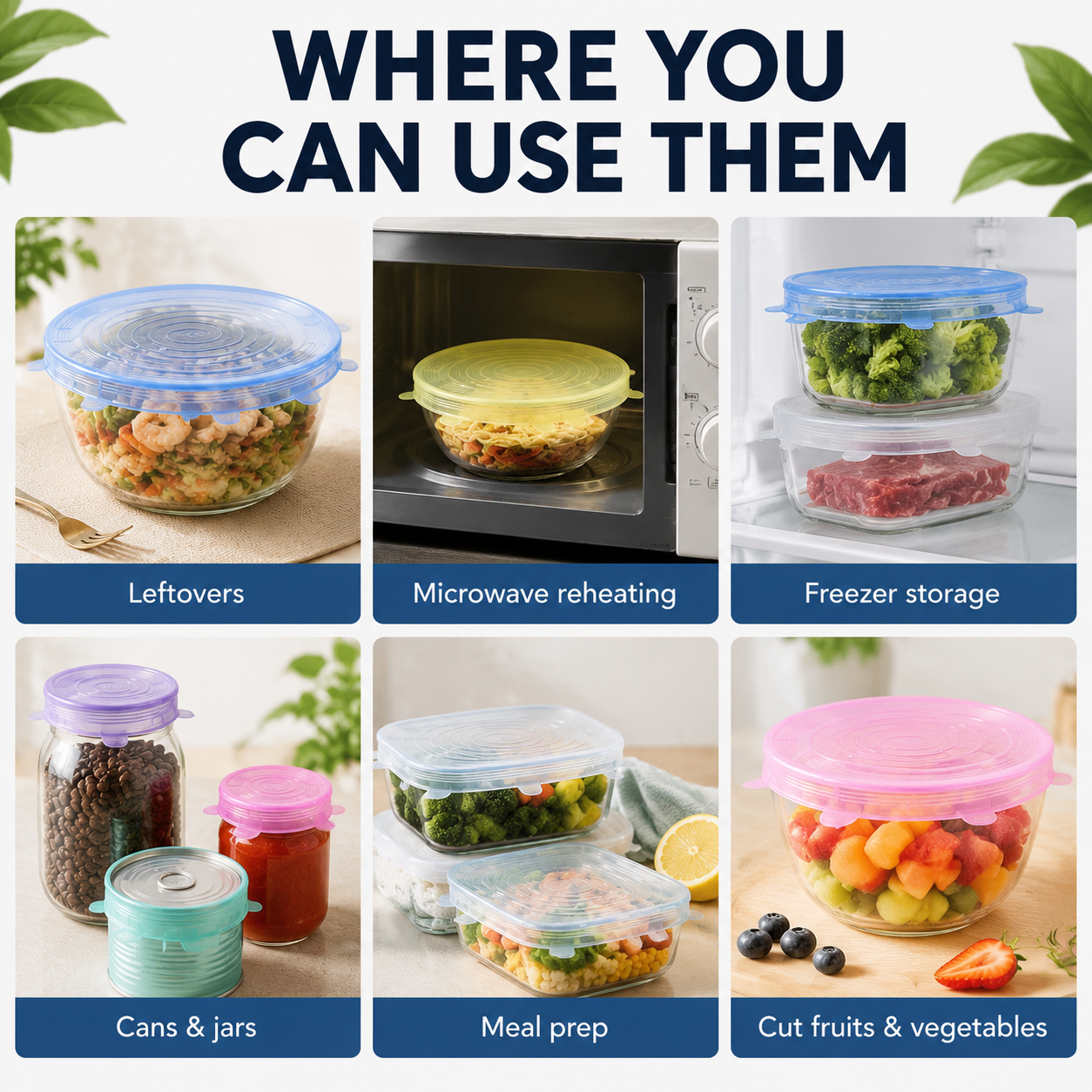 🥣 Food-Grade Silicone Stretch Lids – 6-Piece Reusable Universal Bowl Covers-QE
