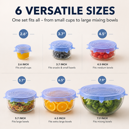 🥣 Food-Grade Silicone Stretch Lids – 6-Piece Reusable Universal Bowl Covers-QE