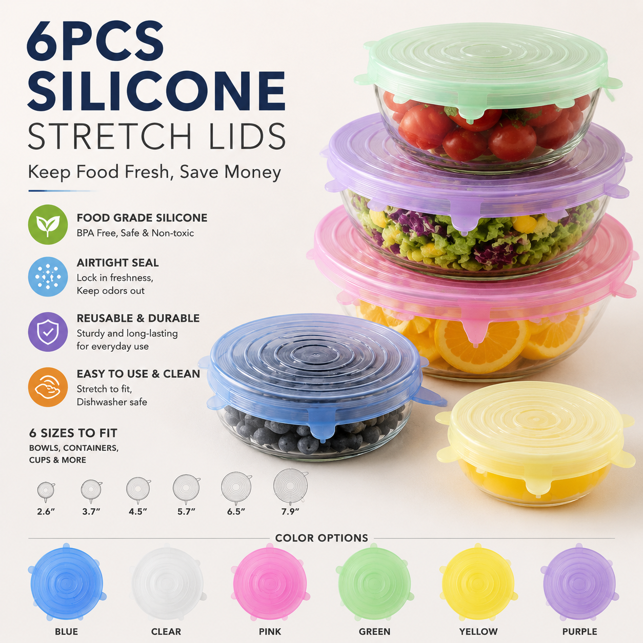 🥣 Food-Grade Silicone Stretch Lids – 6-Piece Reusable Universal Bowl Covers-QE
