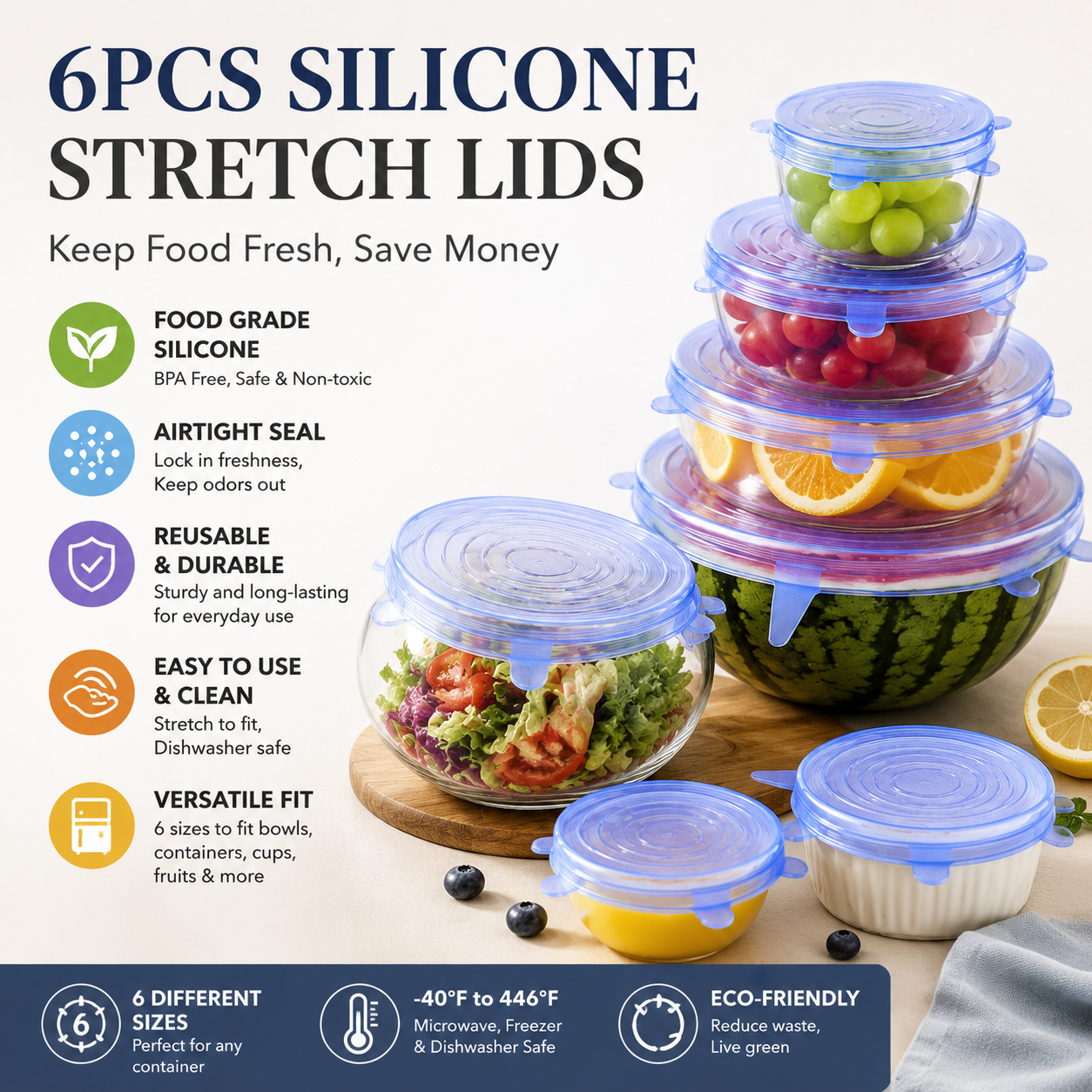 🥣 Food-Grade Silicone Stretch Lids – 6-Piece Reusable Universal Bowl Covers-QE