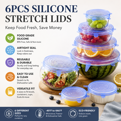 🥣 Food-Grade Silicone Stretch Lids – 6-Piece Reusable Universal Bowl Covers-QE