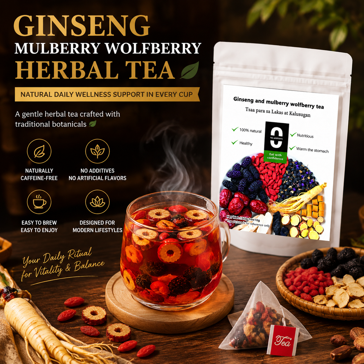 🏆 Vitality Ginseng Mulberry Wolfberry Herbal Tea 🍵 Natural Daily Wellness & Energy Support-FX