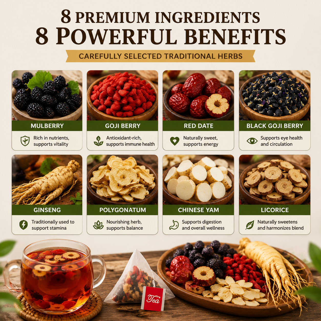 🏆 Vitality Ginseng Mulberry Wolfberry Herbal Tea 🍵 Natural Daily Wellness & Energy Support-FX