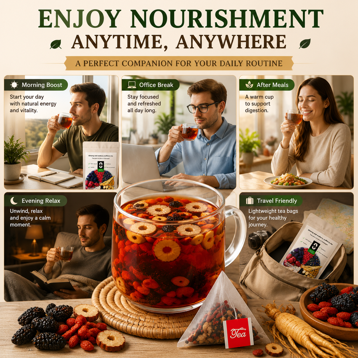 🏆 Vitality Ginseng Mulberry Wolfberry Herbal Tea 🍵 Natural Daily Wellness & Energy Support-FX