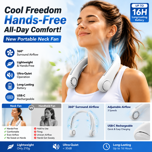 ⚡ 49% OFF Today – ❄️ Stay Cool Anywhere – New Portable Neck Fan | Hands-Free • Lightweight • USB Rechargeable-QO