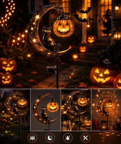 🎃 Solar Halloween Black Cat Garden Stake Light – Whimsical Pumpkin Moon Glow for Porches, Paths & Gardens 🐈‍⬛✨-DW