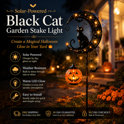 🌙 Solar Black Cat Garden Stake Light – 🎃Halloween Outdoor Yard Decor with Glowing Pumpkin Lantern -FX