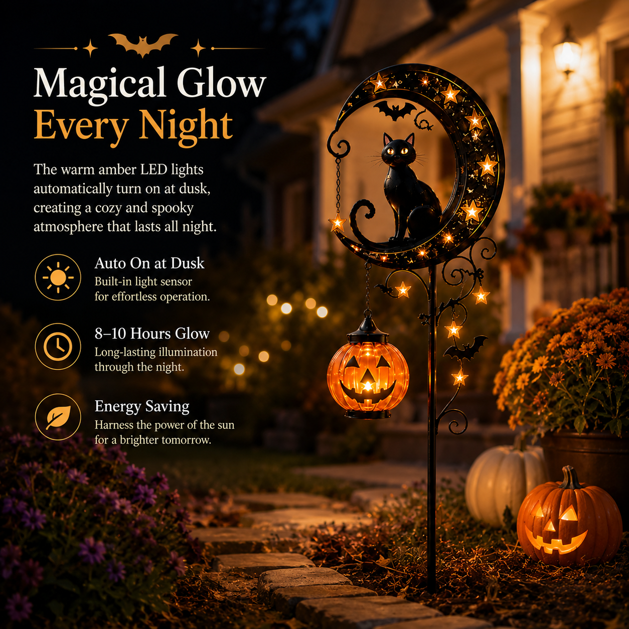 🌙 Solar Black Cat Garden Stake Light – 🎃Halloween Outdoor Yard Decor with Glowing Pumpkin Lantern -FX