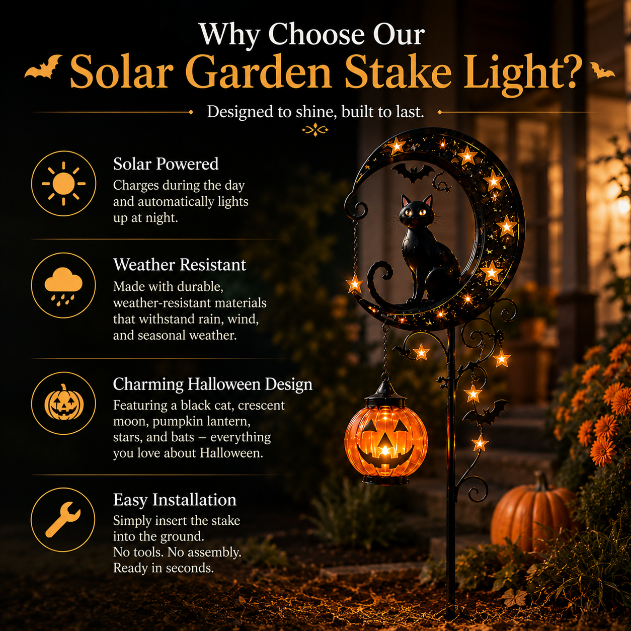 🌙 Solar Black Cat Garden Stake Light – 🎃Halloween Outdoor Yard Decor with Glowing Pumpkin Lantern -FX