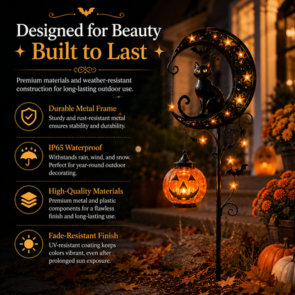 🌙 Solar Black Cat Garden Stake Light – 🎃Halloween Outdoor Yard Decor with Glowing Pumpkin Lantern -FX