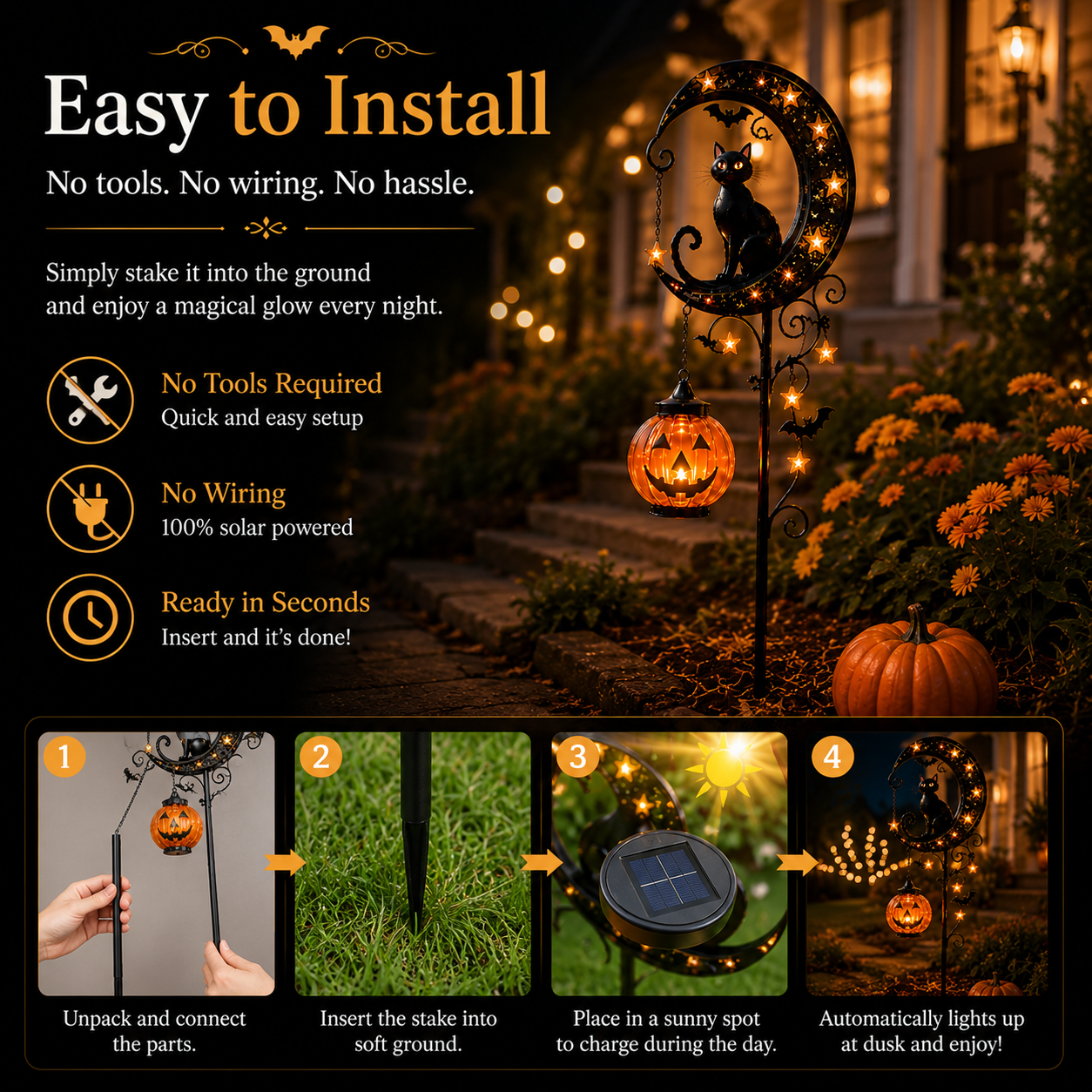 🌙 Solar Black Cat Garden Stake Light – 🎃Halloween Outdoor Yard Decor with Glowing Pumpkin Lantern -FX