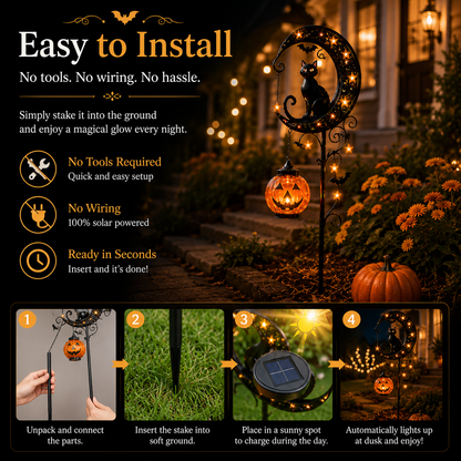 🌙 Solar Black Cat Garden Stake Light – 🎃Halloween Outdoor Yard Decor with Glowing Pumpkin Lantern -FX