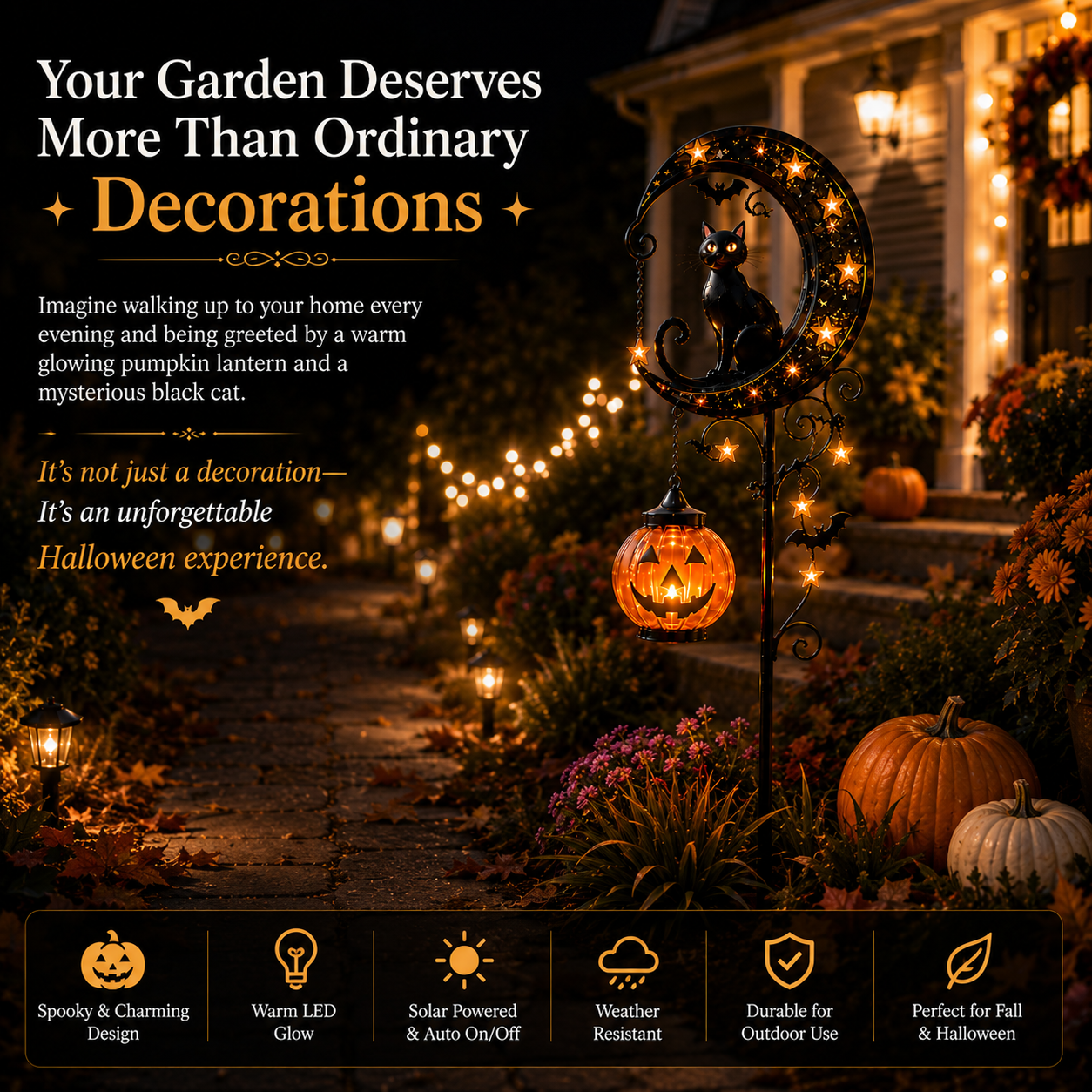 🌙 Solar Black Cat Garden Stake Light – 🎃Halloween Outdoor Yard Decor with Glowing Pumpkin Lantern -FX