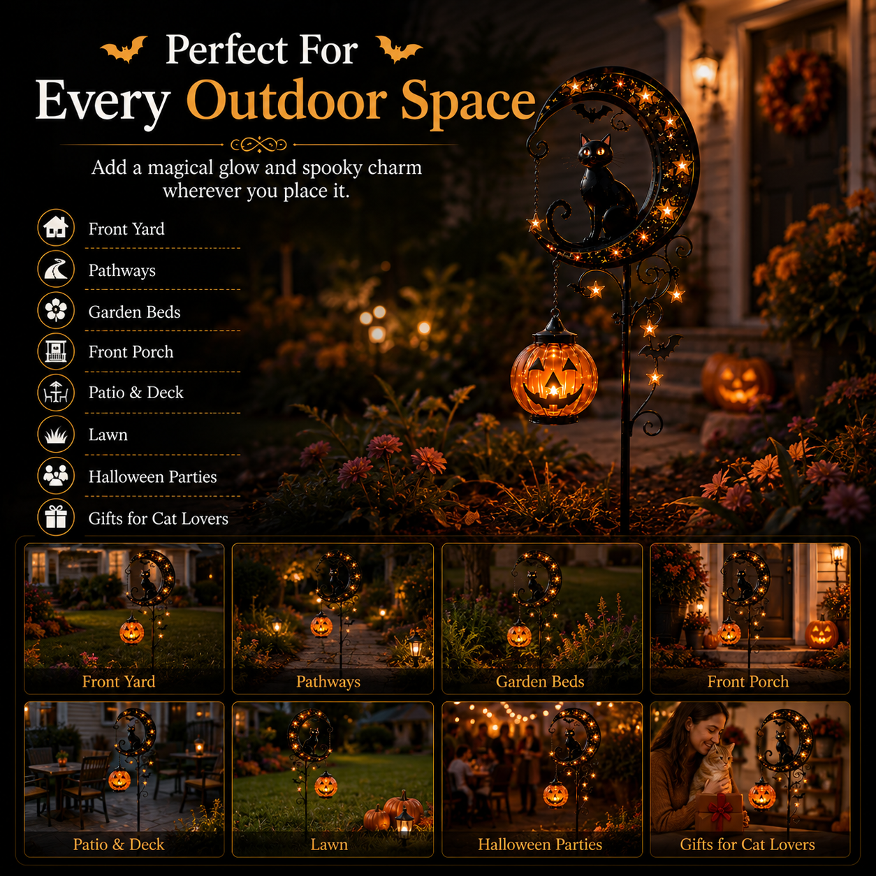 🌙 Solar Black Cat Garden Stake Light – 🎃Halloween Outdoor Yard Decor with Glowing Pumpkin Lantern -FX
