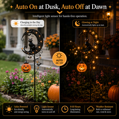 🌙 Solar Black Cat Garden Stake Light – 🎃Halloween Outdoor Yard Decor with Glowing Pumpkin Lantern -FX