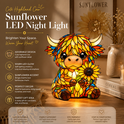 🐮 Cute Highland Cow Sunflower LED Night Light – Colorful Resin Animal Table Lamp-QE