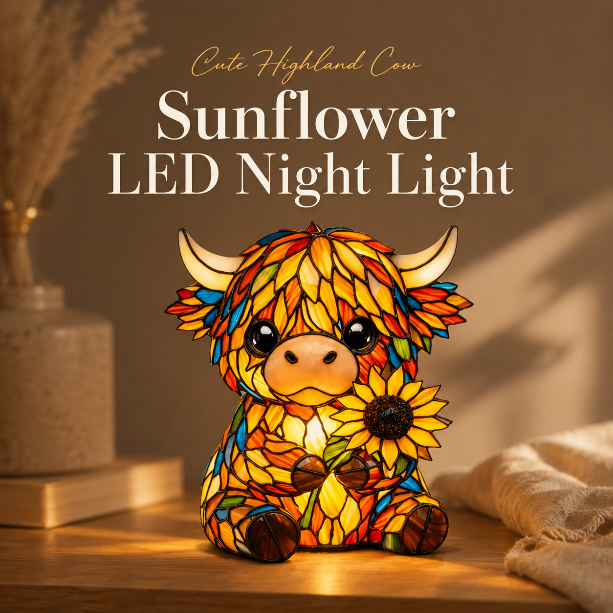🐮 Cute Highland Cow Sunflower LED Night Light – Colorful Resin Animal Table Lamp-QE