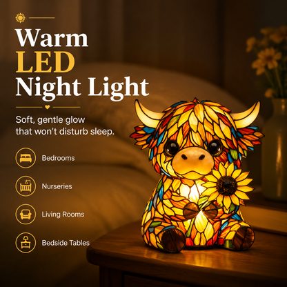 🐮 Cute Highland Cow Sunflower LED Night Light – Colorful Resin Animal Table Lamp-QE
