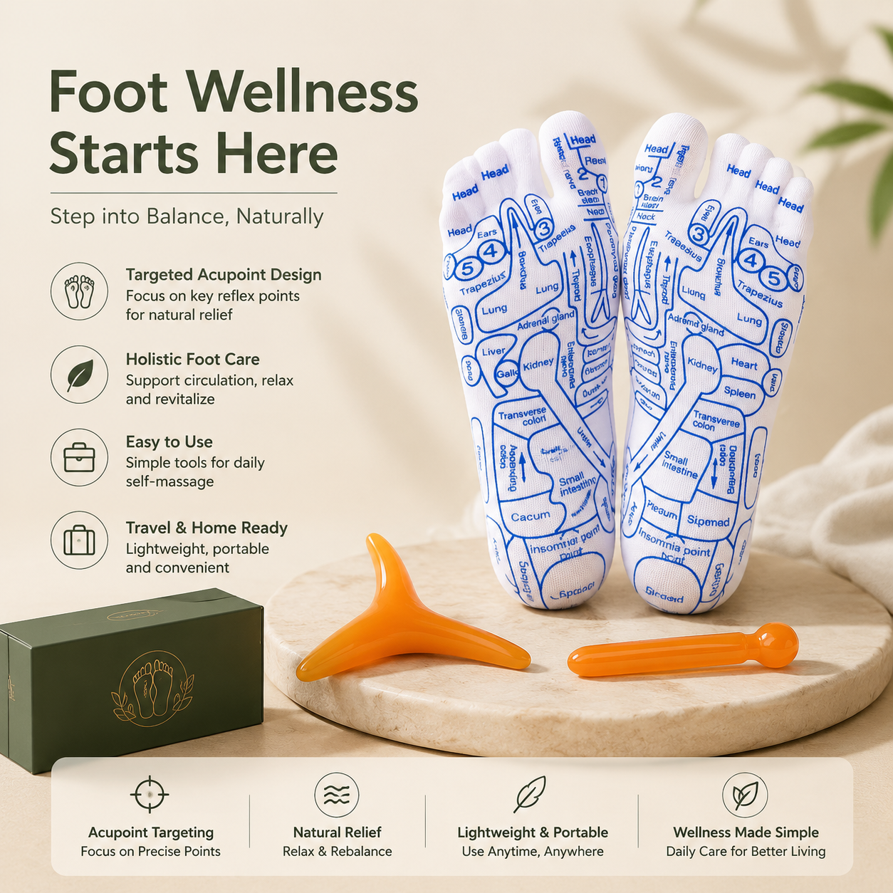 🦶 Foot Reflexology Socks & Massage Tool Set – Acupoint Targeting, Portable, 3‑Piece Kit-QE