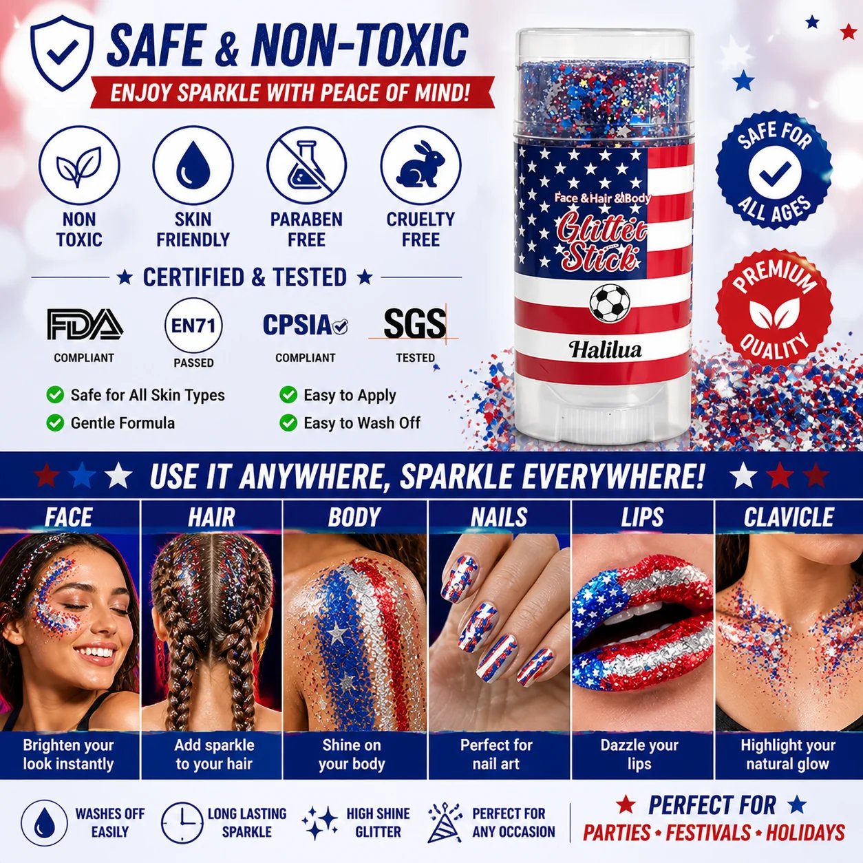 🦅4th of July Glitter Stick✨🔔Red, White & Blue Body & Hair Sparkle-QE