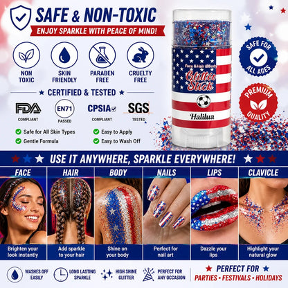 🦅4th of July Glitter Stick✨🔔Red, White & Blue Body & Hair Sparkle-QE