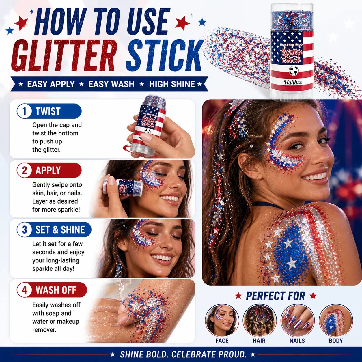 🦅4th of July Glitter Stick✨🔔Red, White & Blue Body & Hair Sparkle-QE