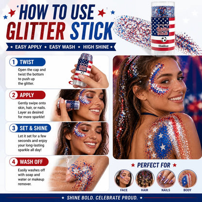 🦅4th of July Glitter Stick✨🔔Red, White & Blue Body & Hair Sparkle-QE