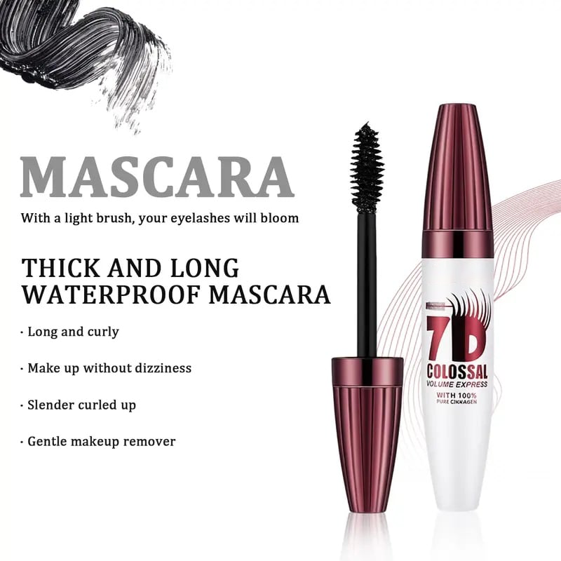 7D Waterproof Mascara - 24H Long Lasting Volume & Curl, Smudge-Proof Lift for Natural False Lash Look-QO