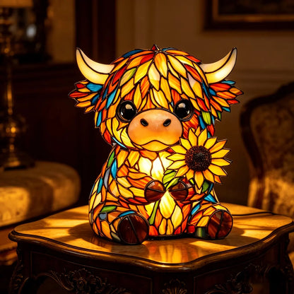 🐮 Cute Highland Cow Sunflower LED Night Light – Colorful Resin Animal Table Lamp-QE
