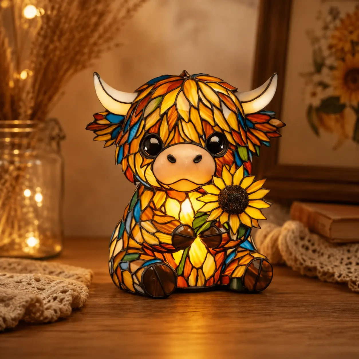 🐮 Cute Highland Cow Sunflower LED Night Light – Colorful Resin Animal Table Lamp-QE