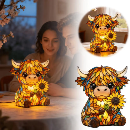🐮 Cute Highland Cow Sunflower LED Night Light – Colorful Resin Animal Table Lamp-QE