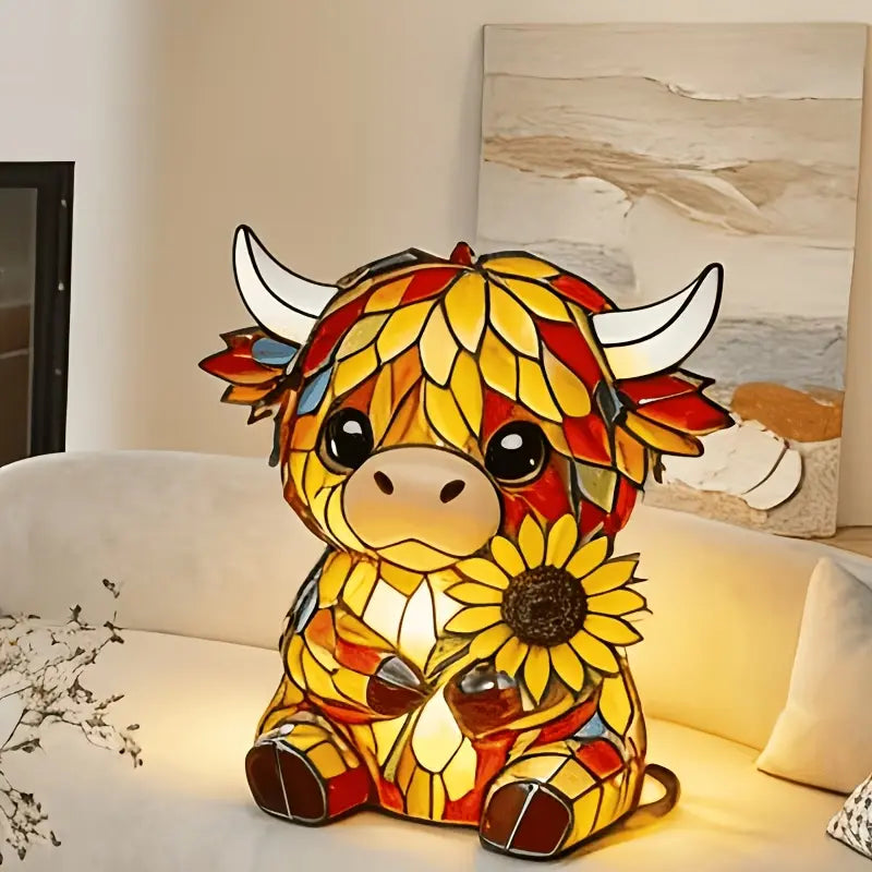 🐮 Cute Highland Cow Sunflower LED Night Light – Colorful Resin Animal Table Lamp-QE