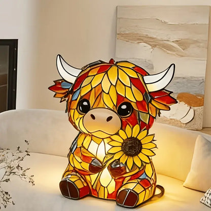 🐮 Cute Highland Cow Sunflower LED Night Light – Colorful Resin Animal Table Lamp-QE