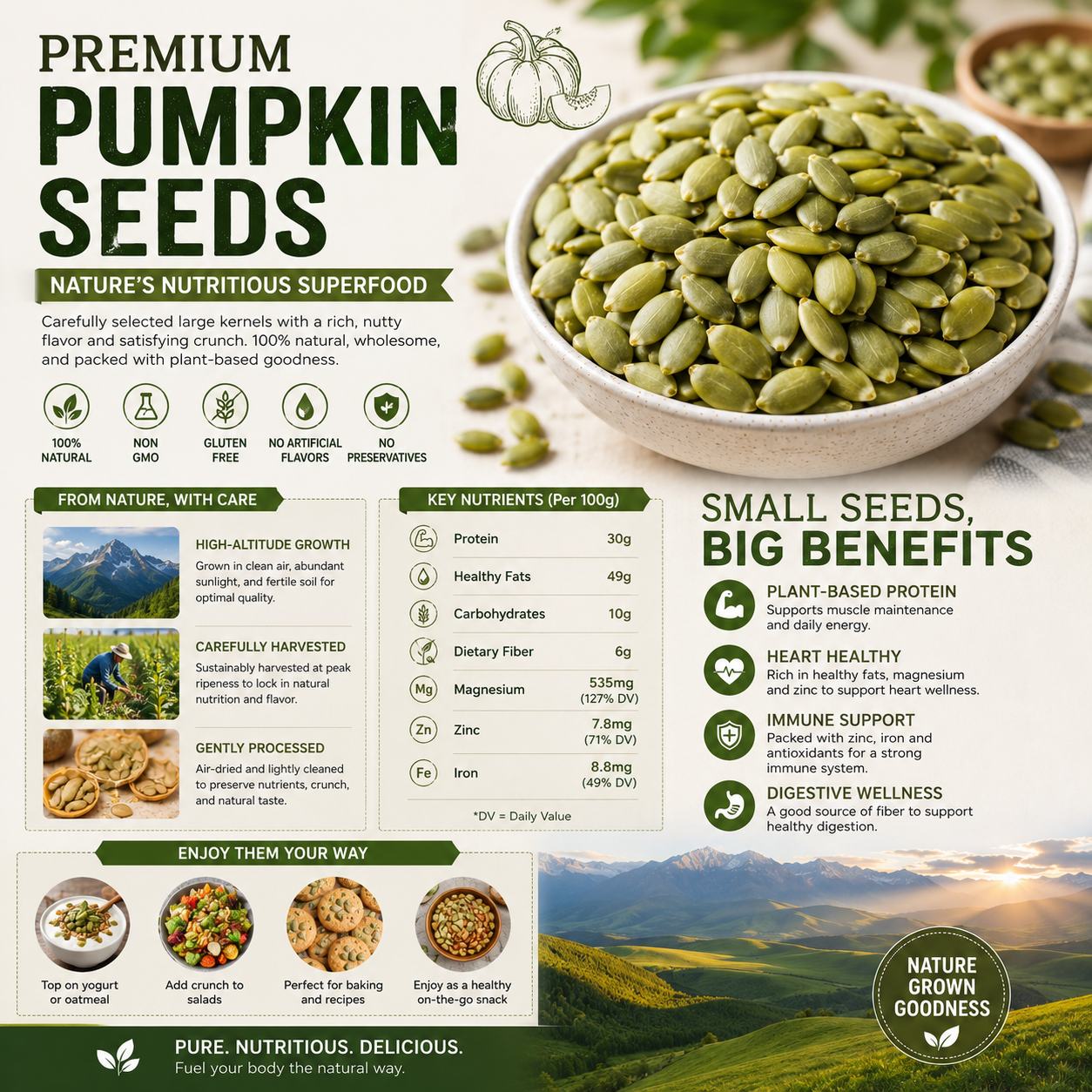 🎃 Premium Pumpkin Seed Kernels – Crunchy Zinc & Protein-Rich Healthy Snack for Energy, Fullness & Daily Wellness-DW