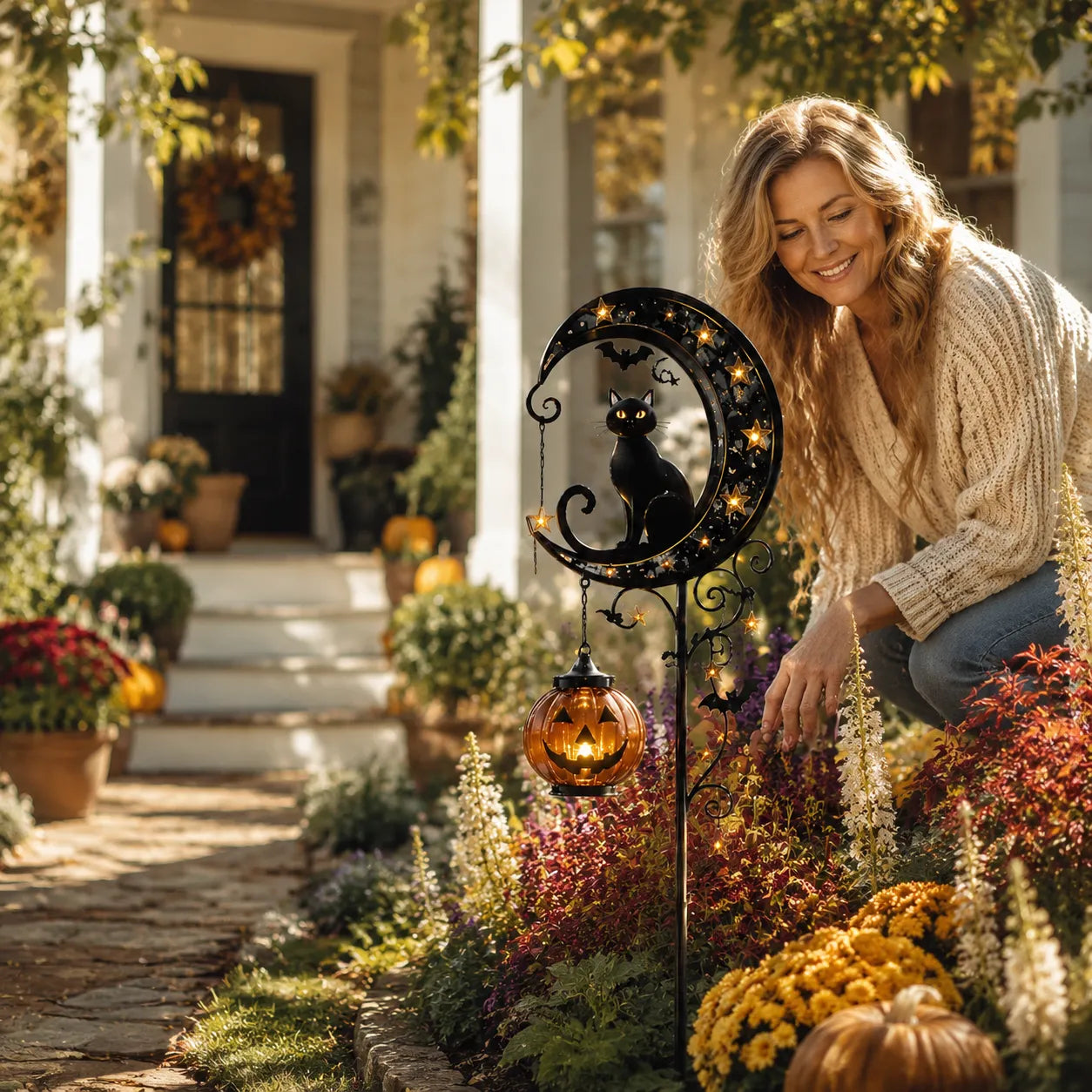 🎃 Solar Halloween Black Cat Garden Stake Light – Whimsical Pumpkin Moon Glow for Porches, Paths & Gardens 🐈‍⬛✨-DW