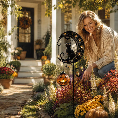 🎃 Solar Halloween Black Cat Garden Stake Light – Whimsical Pumpkin Moon Glow for Porches, Paths & Gardens 🐈‍⬛✨-DW