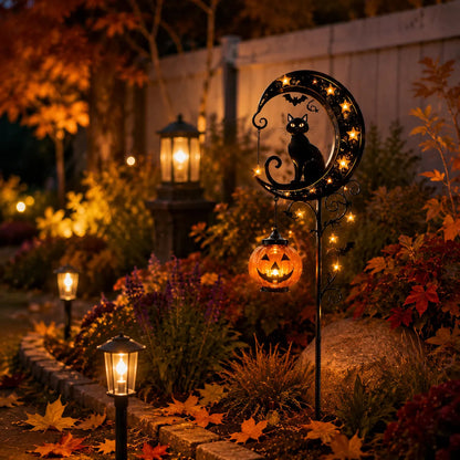 🎃 Solar Halloween Black Cat Garden Stake Light – Whimsical Pumpkin Moon Glow for Porches, Paths & Gardens 🐈‍⬛✨-DW
