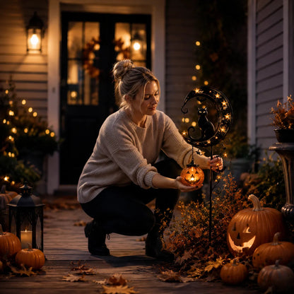 🎃 Solar Halloween Black Cat Garden Stake Light – Whimsical Pumpkin Moon Glow for Porches, Paths & Gardens 🐈‍⬛✨-DW