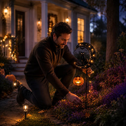 🎃 Solar Halloween Black Cat Garden Stake Light – Whimsical Pumpkin Moon Glow for Porches, Paths & Gardens 🐈‍⬛✨-DW
