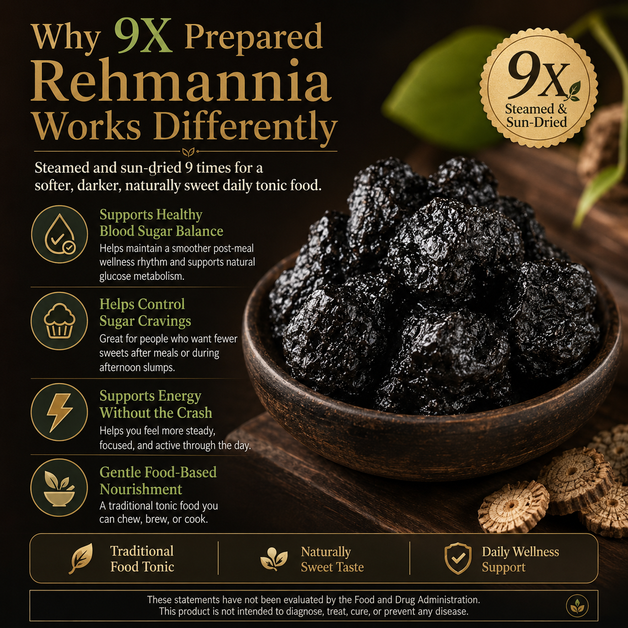 🌿 9X Steamed & Sun-Dried Prepared Rehmannia Root – Traditional Herbal Tonic for Metabolic Balance & Daily Vitality -DW