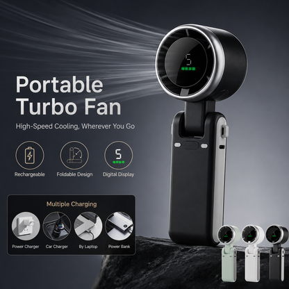 🌪️🔇 TurboJet High-Speed Silent Handheld Fan | Brushless Motor 5-Speed Turbo Airflow Ultra-Quiet <36dB USB-C Rechargeable Foldable Personal Fan-DW